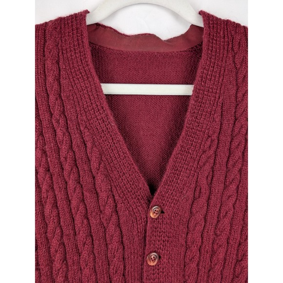 Vtg Womens Wool Cable Knit Cardigan Burgundy V Neck Button Long Sleeve Preppy - Picture 5 of 10